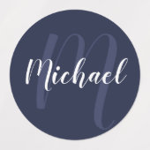 Étiquettes Monogramme et nom personnalisés de Navy Blue Scrip (Design 2)