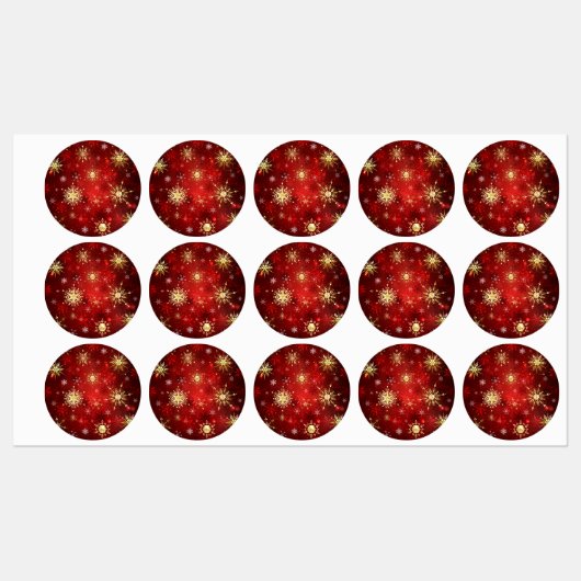 Étiquettes Noël Golden Snowflakes sur Arrière - plan rouge (Feuille)
