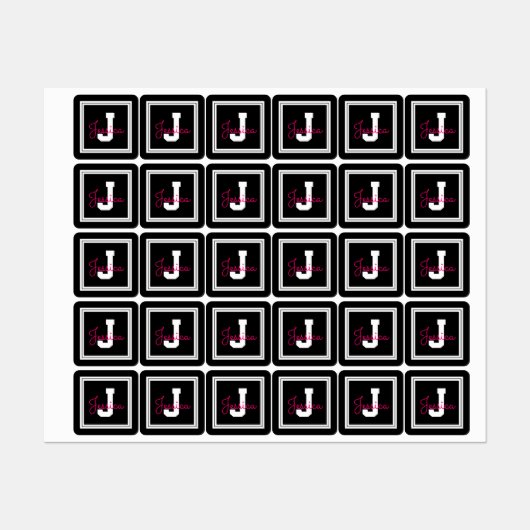 Étiquettes Nom et monogramme | Vêtements noirs blancs et rose (Feuille)