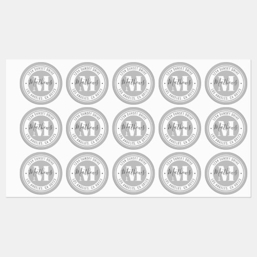 Étiquettes Nom et texte circulaire monogrammes | Gris étanche (Feuille)