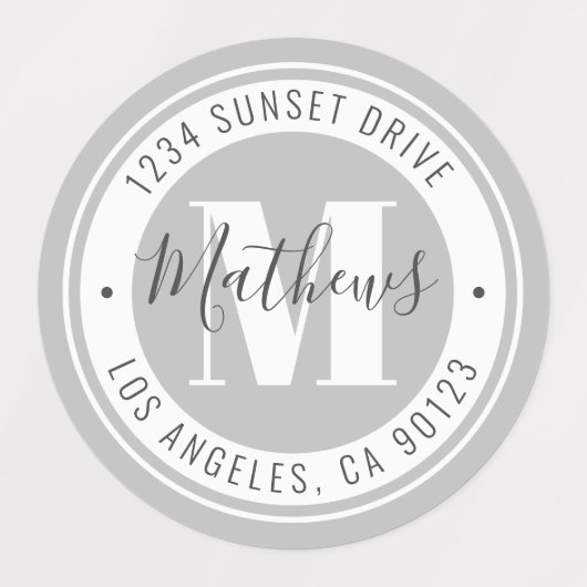 Étiquettes Nom et texte circulaire monogrammes | Gris étanche (Design 3)
