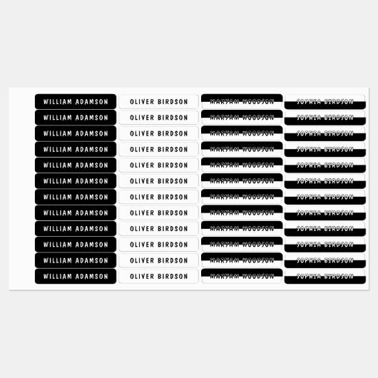 Étiquettes Nom long noir et blanc | Vêtements imperméables (Feuille)