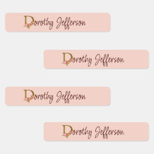 Étiquettes Nom personnalisé Blush Roses Roses Lettre D en or