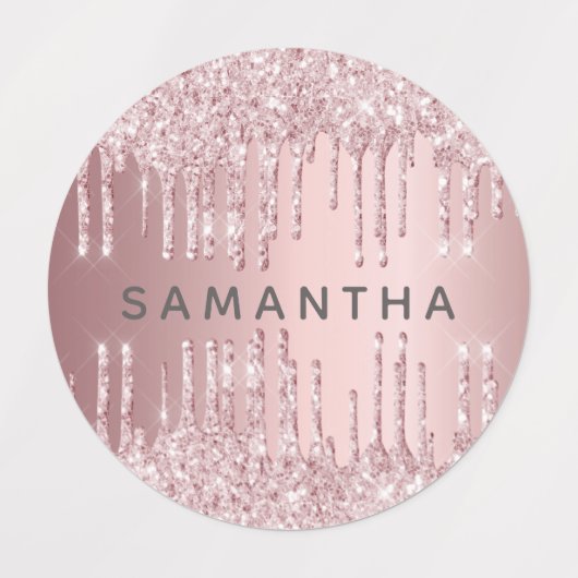 Étiquettes Parties scintillant rose goutte nom monogramme (Design 1)