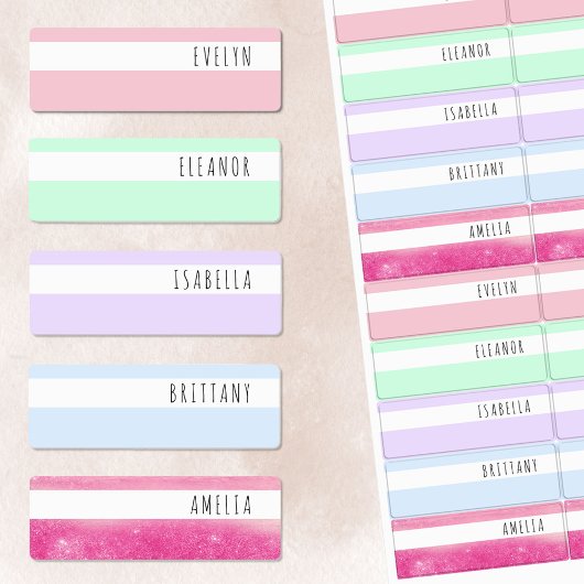 Étiquettes Pastel et Shimmer Skinny Font étanche Nom