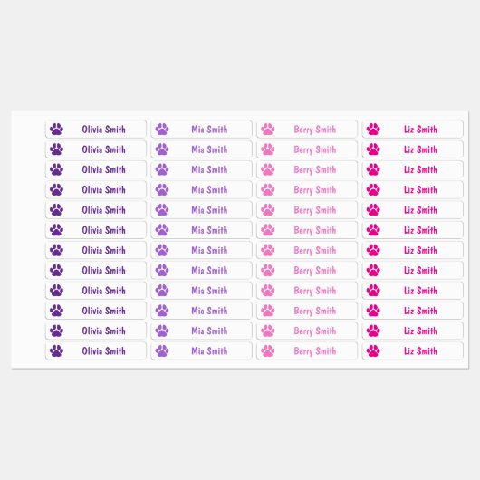 Étiquettes Pink Paw Print Personalized Kids Name Labels (Feuille)