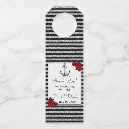 Étiquettes Pour Bouteilles Ancre nautique Mariage Silver Black Stripes (Devant)