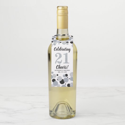 Étiquettes Pour Bouteilles Anniversaire 21 ans Confettis Noir Gris Argent Pai (Sur bouteille)