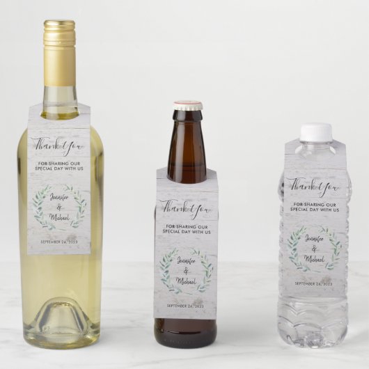 Étiquettes Pour Bouteilles Aquarelle feuille bois rustique Mariage Merci (En situation)