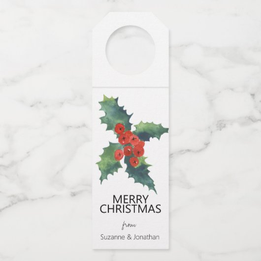 Étiquettes Pour Bouteilles Aquarelle Holly Feuille Noël (Devant)