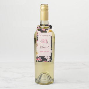 Étiquettes Pour Bouteilles Aquarelle Roses rose et jaune sur Noir, Anniversai