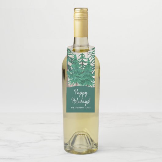 Étiquettes Pour Bouteilles Arbres de pin aquarelle rustiques Joyeuses Fêtes (Sur bouteille)