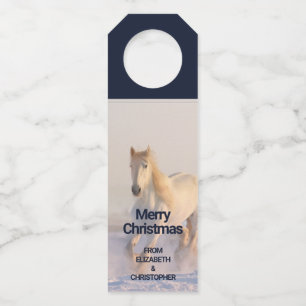 Étiquettes Pour Bouteilles Beau Cheval Blanc Galopant dans la Neige