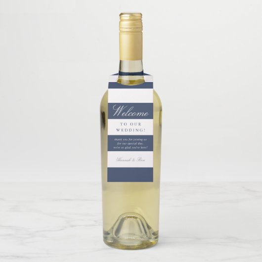 Étiquettes Pour Bouteilles Bienvenue au mariage Navy & White Stripe (Sur bouteille)