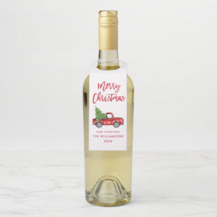 Étiquettes Pour Bouteilles Camionnette de Noël vintage écriture pinceau rouge