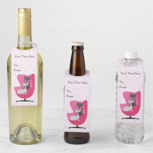 Étiquettes Pour Bouteilles Chats atomiques en pois roses sur fond blanc dans