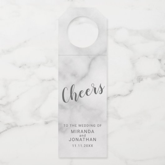 Étiquettes Pour Bouteilles 'Cheers' Élégant Mariage Marbre Script (Devant)
