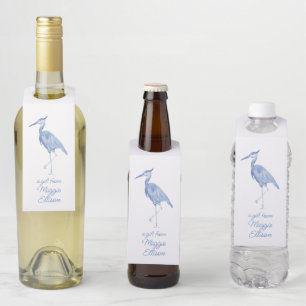 Étiquettes Pour Bouteilles Chinoiserie Aquarelle Bleu Héron Oiseau