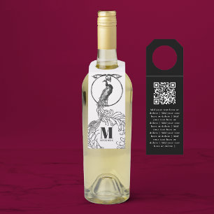 Étiquettes Pour Bouteilles Code QR Paon Noir Et Blanc Élégant Vintage