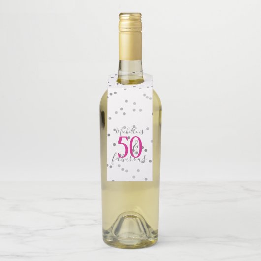 Étiquettes Pour Bouteilles Confettis d'Argent 50 et Joyeux Anniversaire (Sur bouteille)