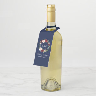 Étiquettes Pour Bouteilles Couronne florale aquarelle mariage bleu burgundy