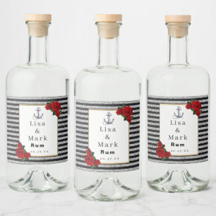 Étiquettes Pour Bouteilles De Liqueur Ancre nautique Mariage Silver Black Stripes