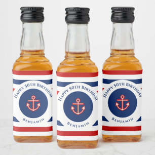 Étiquettes Pour Bouteilles De Liqueur Anniversaire Marine Nautique Bleu Rouge