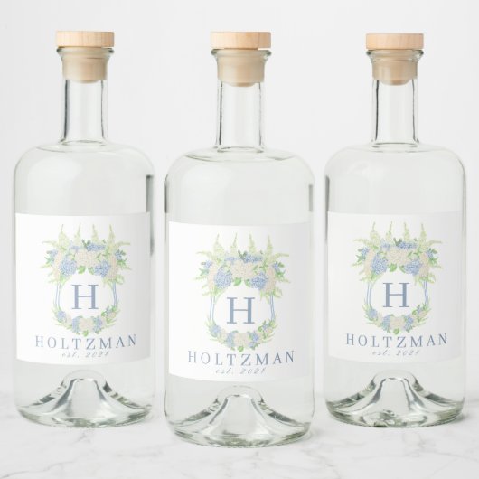 Étiquettes Pour Bouteilles De Liqueur Aquarelle Bleu et Blanc Hydrangea Crest (Bouteilles)