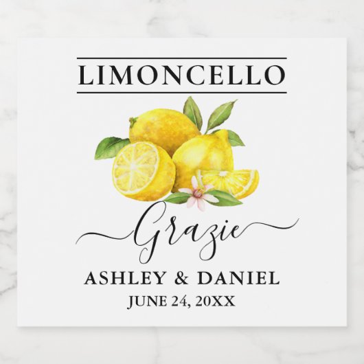 Étiquettes Pour Bouteilles De Liqueur Aquarelle Citrons Limoncello Mariage Grazie (Étiquettes simples)