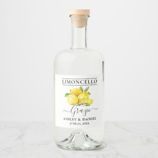 Étiquettes Pour Bouteilles De Liqueur Aquarelle Citrons Limoncello Mariage Grazie (Devant)