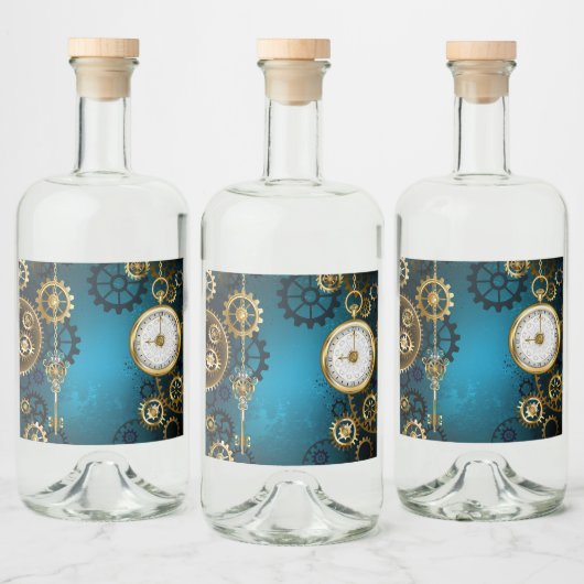 Étiquettes Pour Bouteilles De Liqueur Arrière - plan turquoise à vapeur avec engrenages (Bouteilles)