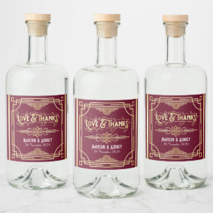 Étiquettes Pour Bouteilles De Liqueur Art Déco Mariage Amour & Merci Gold Burgundy Favor