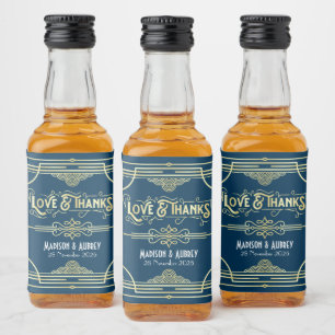 Étiquettes Pour Bouteilles De Liqueur Art Déco Mariage Love & Thanks Gold Blue Favor