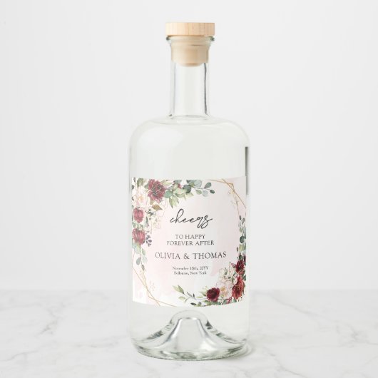 Étiquettes Pour Bouteilles De Liqueur Boho moderne bordeaux fleuri or géométrique (Devant)