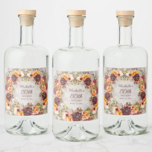 Étiquettes Pour Bouteilles De Liqueur Bourgogne rouille Orange Floral femmes 50e anniver