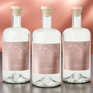 Étiquettes Pour Bouteilles De Liqueur Brushed metal rose Gold Pink Glitter Monogram