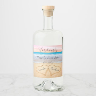 Étiquettes Pour Bouteilles De Liqueur Chic Blush Pink Beach Wedding 2 Heart Sand Liquor
