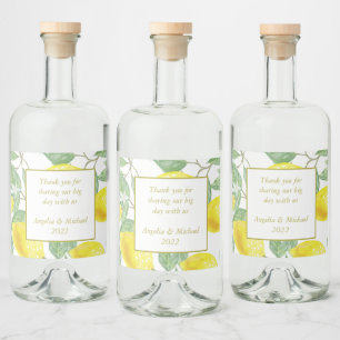 Étiquettes Pour Bouteilles De Liqueur Citrons jaunes modernes Vert Feuille Mariage