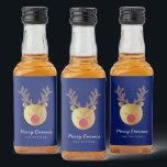 Étiquettes Pour Bouteilles De Liqueur Cute Reindeer | Fun Christmas Blue & Gold<br><div class="desc">Étiquette simple bouteille d'alcool bleu et or de Noël avec rennes mignons au nez rouge étincelant. Customisez avec un bref message d'accueil et le nom de l'expéditeur. Mélanger et correspondre avec d'autres modèles de cette série.</div>