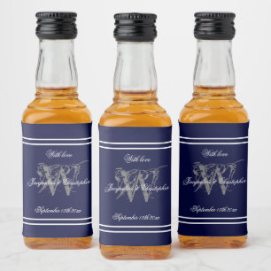 Étiquettes Pour Bouteilles De Liqueur Elégant bleu marine Monogramme Chic Mariage Mini