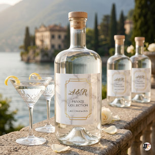 Étiquettes Pour Bouteilles De Liqueur Élégant Marbre Blanc Monogramme Doré Mariage