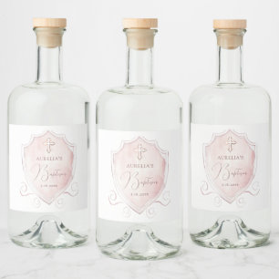 Étiquettes Pour Bouteilles De Liqueur Élégant rose Aquarelle Crest Baptême