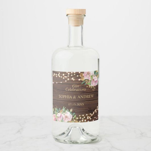 Étiquettes Pour Bouteilles De Liqueur Fleurs roses et or mariage bois (Devant)