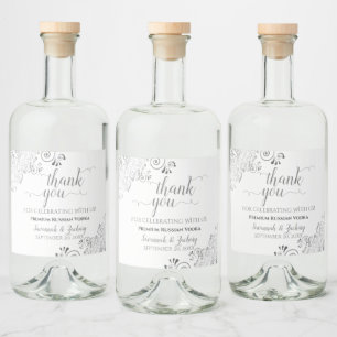 Étiquettes Pour Bouteilles De Liqueur Frilly Silver Grey sur Merci Mariage blanc