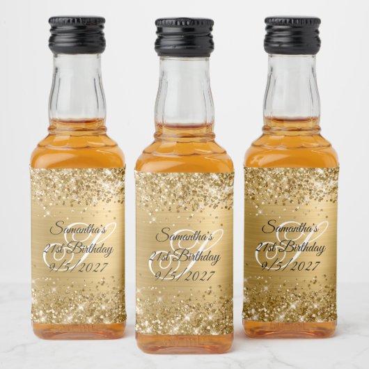 Étiquettes Pour Bouteilles De Liqueur Glittery Gold Glam Monogrammed 21e anniversaire (Bouteilles)