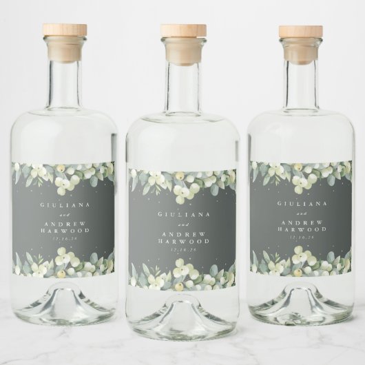 Étiquettes Pour Bouteilles De Liqueur Gray Green Snowberry+Eucalyptus Mariage d'hiver (Bouteilles)