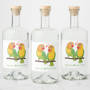 Étiquettes Pour Bouteilles De Liqueur Inséparables Oiseaux de l'amour Vert Jaune Mariage