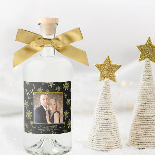 Étiquettes Pour Bouteilles De Liqueur Joie ! Gold & Black Holiday Photo Festive Snowflak