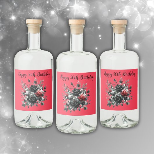 Étiquettes Pour Bouteilles De Liqueur Joyeux 50e anniversaire Roses rouge et noir |