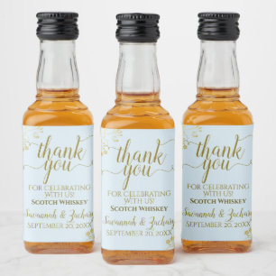 Étiquettes Pour Bouteilles De Liqueur Lacy Gold sur poudre Mariage bleu Merci Mini
